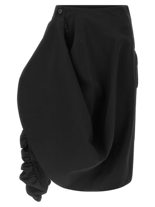 Black wool midi skirt by Comme Des Garçons, featuring a sleek, tailored design with a high waist and midi length.
