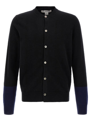 Black wool cardigan by Comme Des Garçons, featuring a cozy knit texture and classic button-front design.