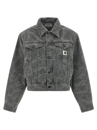 Gray organic cotton denim jacket by Carhartt Wip, showcasing classic fit and durable fabric with button closures and chest pockets.
