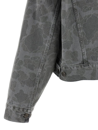 Gray organic cotton denim jacket by Carhartt Wip, featuring classic design and button closures, shown on a hanger.