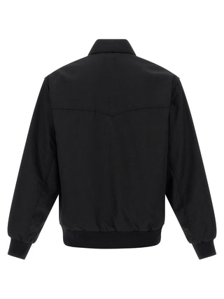 Black polyester bomber jacket by Carhartt Wip, featuring a fitted design with ribbed cuffs and collar, front zipper, and side pockets.