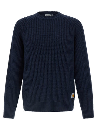 Blue acetate cardigan by Carhartt Wip, featuring a relaxed fit with ribbed cuffs and collar, displayed on a neutral background.