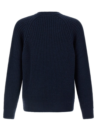 Blue acetate cardigan by Carhartt Wip featuring a relaxed fit and button-up front, displayed on a plain background.