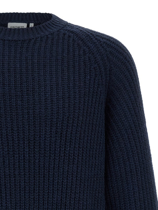 Blue acetate cardigan by Carhartt Wip featuring a relaxed fit, button closure, and ribbed cuffs and hem.