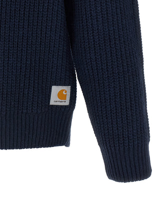 Blue Carhartt Wip acetate cardigan with a relaxed fit and button-up front, displayed on a neutral background.