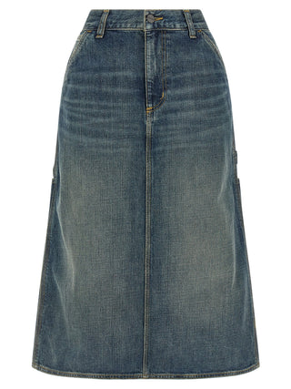 Blue cotton midi skirt by Carhartt Wip, featuring a relaxed fit and stylish design, shown hanging on a wooden rack.