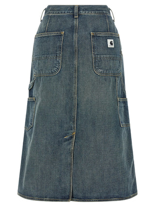Blue cotton midi skirt by Carhartt Wip shown on a model, featuring a relaxed fit and mid-length design.