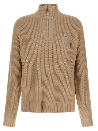 Beige Carhartt Wip acetate cardigan with button closure and ribbed cuffs, displayed on a neutral background.