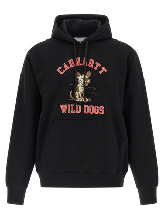 Black cotton sweatshirt from Carhartt Wip with a relaxed fit and ribbed cuffs, displayed on a hanger.
