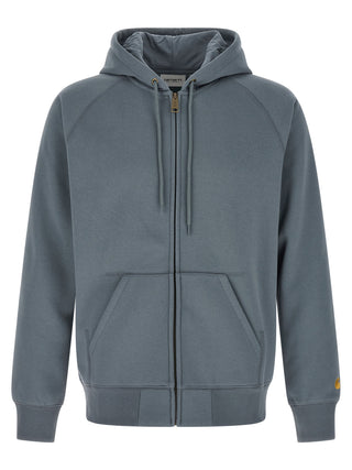 Blue Carhartt Wip cotton sweatshirt shown on a hanger, featuring a relaxed fit and ribbed cuffs and hem.