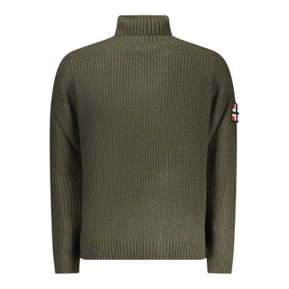 Green wool men's turtleneck sweater by Norway 1963, featuring a close-up of the textured knit fabric.