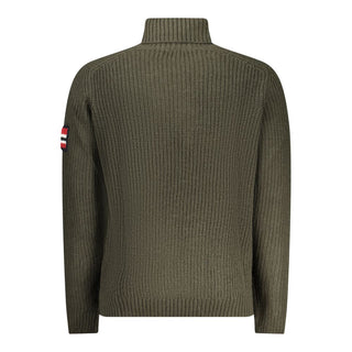 Green wool men's turtleneck sweater by Norway 1963, close-up showing the knit texture and high collar.