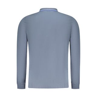 Blue cotton men's polo shirt by Norway 1963, featuring a classic collar and button placket, displayed on a hanger.
