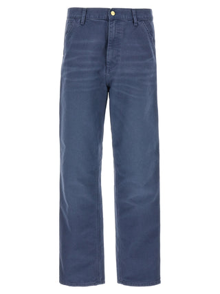 Blue Carhartt Wip organic cotton casual pants laid flat, showing relaxed fit and simple design.