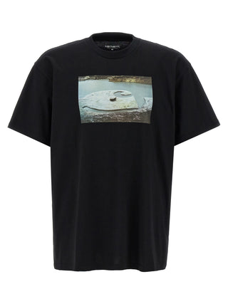 Black organic cotton T-shirt by Carhartt Wip, featuring a simple crew neck and breathable fabric, ideal for casual wear.
