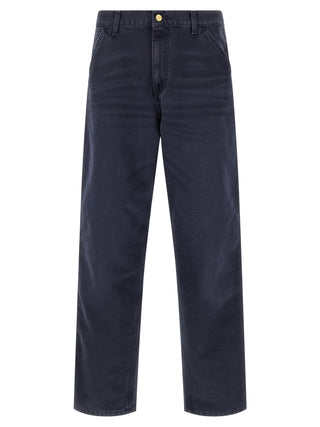 Blue organic cotton casual pants by Carhartt Wip, featuring a relaxed fit and classic design, displayed on a neutral background.