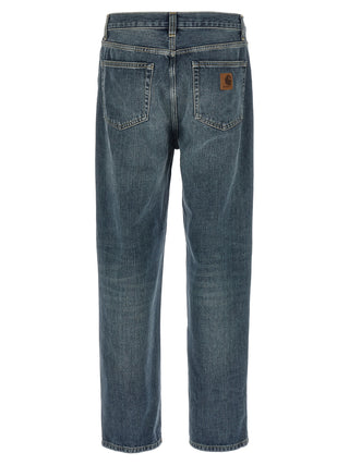 Blue Carhartt Wip cotton tapered jeans with classic five-pocket design and relaxed fit.