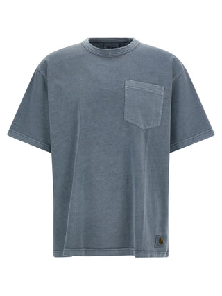 Blue organic cotton T-shirt by Carhartt Wip with a classic fit and soft fabric, shown on a hanger.