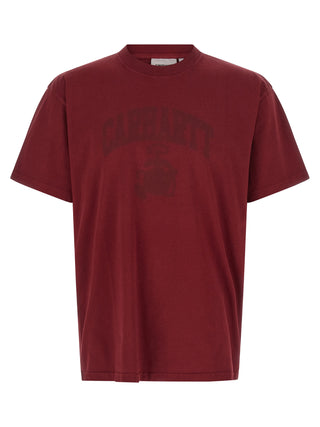 Bordeaux Carhartt Wip organic cotton T-shirt displayed on a hanger, showcasing crew neck and short sleeves.