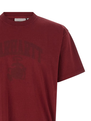 Carhartt Wip Bordeaux organic cotton T-shirt, front view showing classic fit and soft fabric in deep maroon color