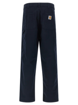 Blue organic cotton casual pants by Carhartt Wip, featuring a relaxed fit and classic design with front pockets.