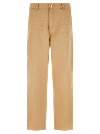 Carhartt Wip brown organic cotton casual pants with a relaxed fit, featuring a tapered leg and comfortable waistband.
