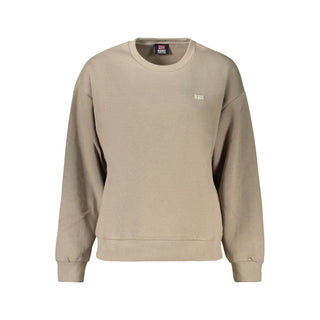 Beige cotton women's sweatshirt from Norway 1963, casual fit with long sleeves and crew neckline, front view.