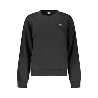 Black cotton women's sweatshirt by Norway 1963, featuring a relaxed fit and simple crew neckline, displayed on a hanger.