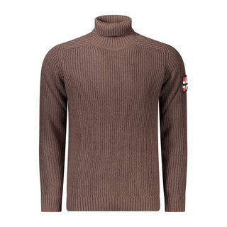 Brown acrylic men's sweater by Norway 1963, showing a close-up of the knit fabric and classic crew neck design.