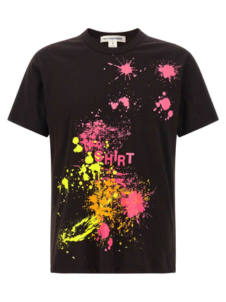 Black cotton T-shirt by Comme Des Garçons, featuring a classic fit and minimal design, shown laid flat on a plain background.