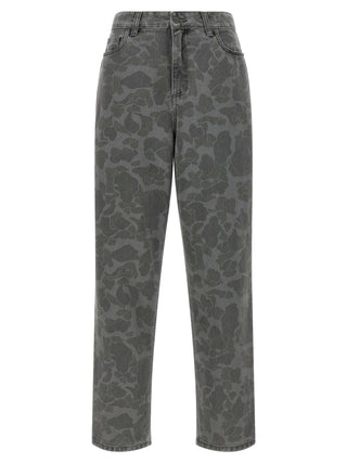 Gray organic cotton tapered jeans by Carhartt Wip, showing a close-up of the fabric and tapered leg design.