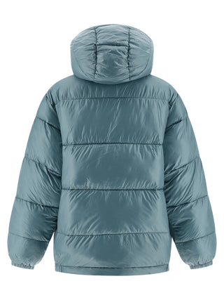 Blue polyester full-length jacket by Carhartt Wip with a hood and front pockets, designed for casual outdoor wear.