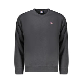 Black cotton men's sweater from Norway 1963 with a classic fit and ribbed cuffs, displayed flat on a white background.