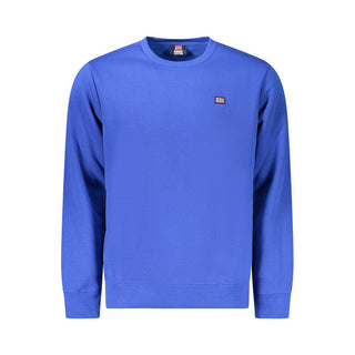 Blue cotton men's sweater by Norway 1963, featuring a classic fit with ribbed cuffs and neckline, displayed on a neutral background.