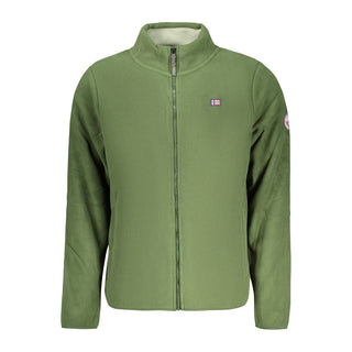 Norway 1963 Verde polyester men's sweatshirt displayed on a hanger with a close-up view of the fabric and design details.
