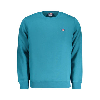 Blue cotton men's sweatshirt from Norway 1963 with a relaxed fit and ribbed cuffs, displayed on a hanger.