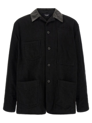Black wool full-length jacket by Comme Des Garçons, stylish outerwear with a sleek, tailored fit and classic design.