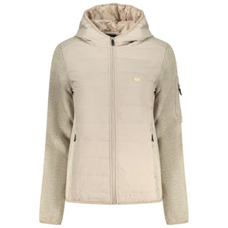 Beige polyester women's jacket by Norway 1963, shown with front view and collar detail.
