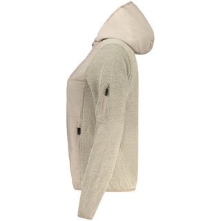 Beige polyester women's jacket by Norway 1963, lightweight with a collar and button closure, shown on a hanger.