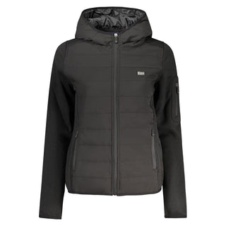 Black polyester women's jacket by Norway 1963, shown on a hanger with front view and collar detail.