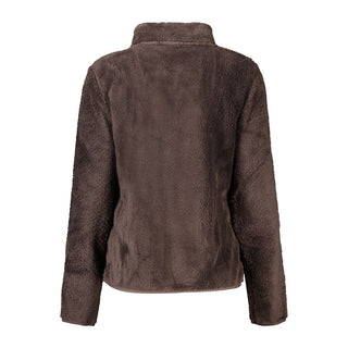 Brown polyester women's sweatshirt from Norway 1963, showing the soft fabric and relaxed fit on a hanger.