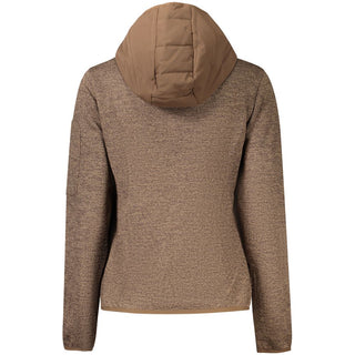 Brown polyester women's jacket with hood by Norway 1963, showing front view with zip closure and adjustable drawstrings.
