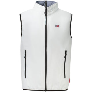 Gray polyester men's vest by Norway 1963, front view showing lightweight, tailored design with a V-neck and button closure.