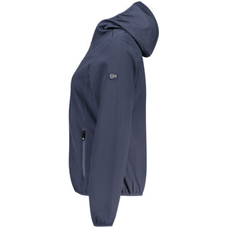 Blue polyester women's jacket by Norway 1963, showing the front view with a collar and zipper closure.