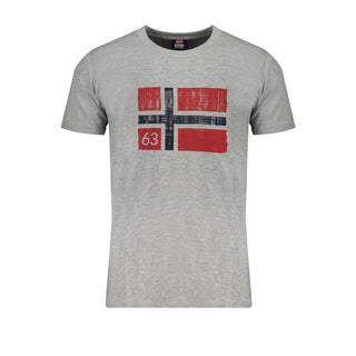 Gray cotton men's T-shirt by Norway 1963, shown flat with round neckline and short sleeves.