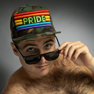 Dark Yarn Pride Camo Special Edition Snapback hat featuring a colorful camo pattern and adjustable brim, headwear for style and expression.