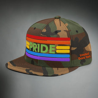 Dark Yarn Pride Camo Special Edition Snapback hat with a camo pattern and adjustable brim, stylish headwear for casual wear.