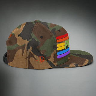 Dark Yarn Pride Camo special edition snapback hat featuring a camo pattern and adjustable brim, stylish headwear for everyday wear.