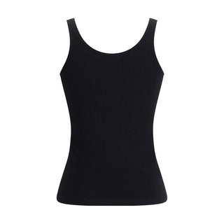 Black cotton sleeveless T-shirt by Wolford, close-up of soft fabric and sleeveless design on a plain background.