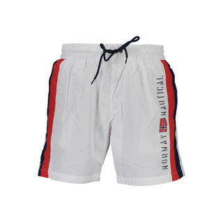 White polyamide men's swim boxer shorts by Norway 1963, featuring a snug fit and smooth fabric for beach or poolwear.